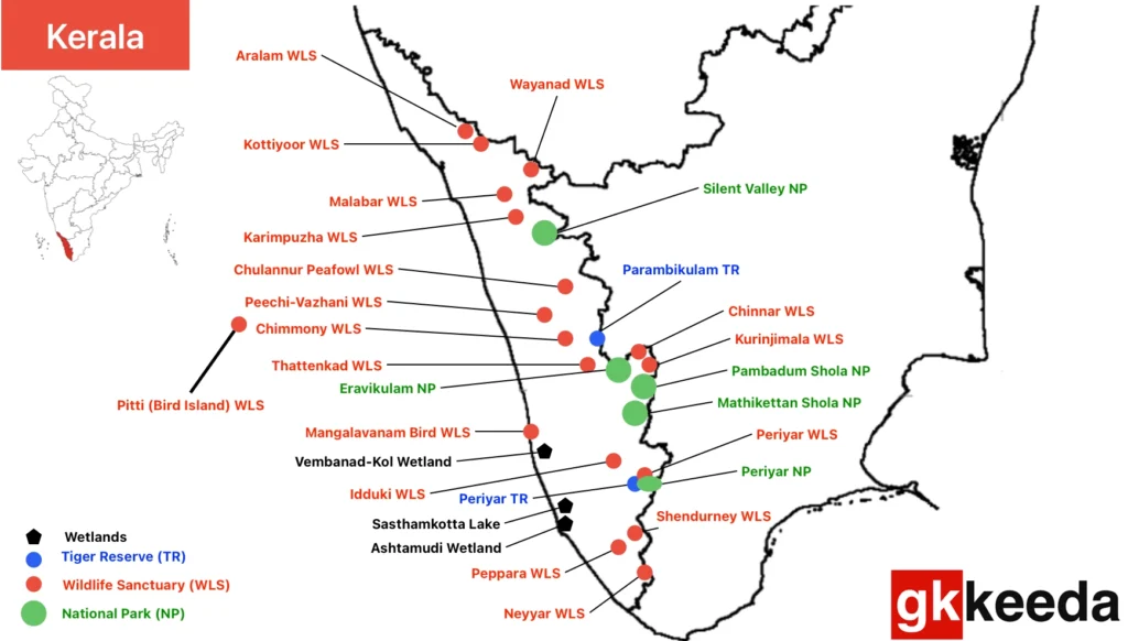 Kerala National Parks - Wildlife Sanctuary - Tiger Reserve - UPSC